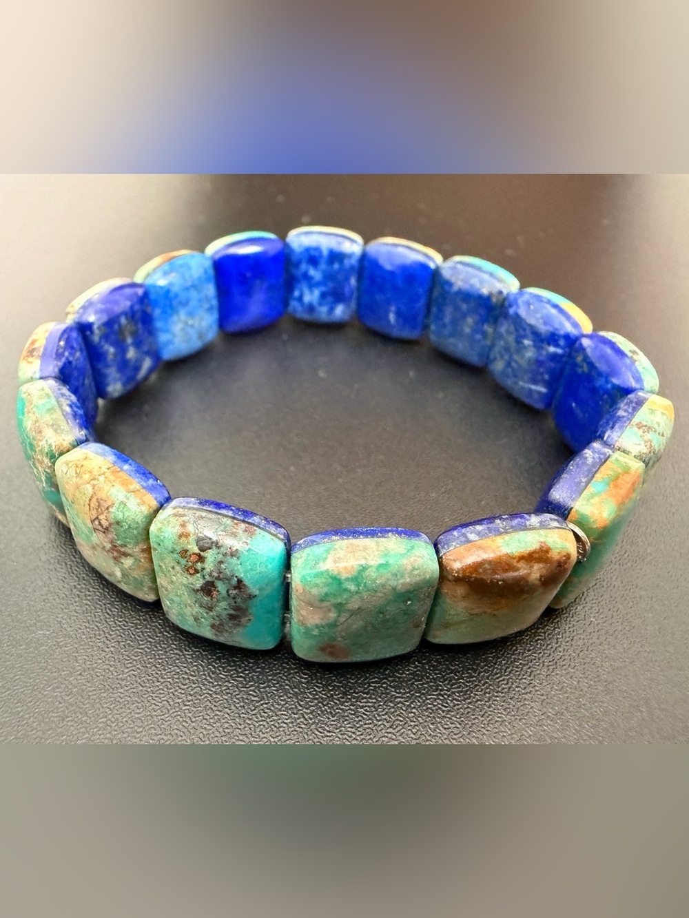 JAY KING DTR LAPIS LAZULI & TURQUOISE BLOCK CUSHION BEAD STRETCH BRACELET